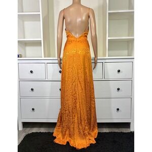 Skylar + Madison Orange Leopard Satin Cowl Neck Maxi Dress Sz S Open Back Slit